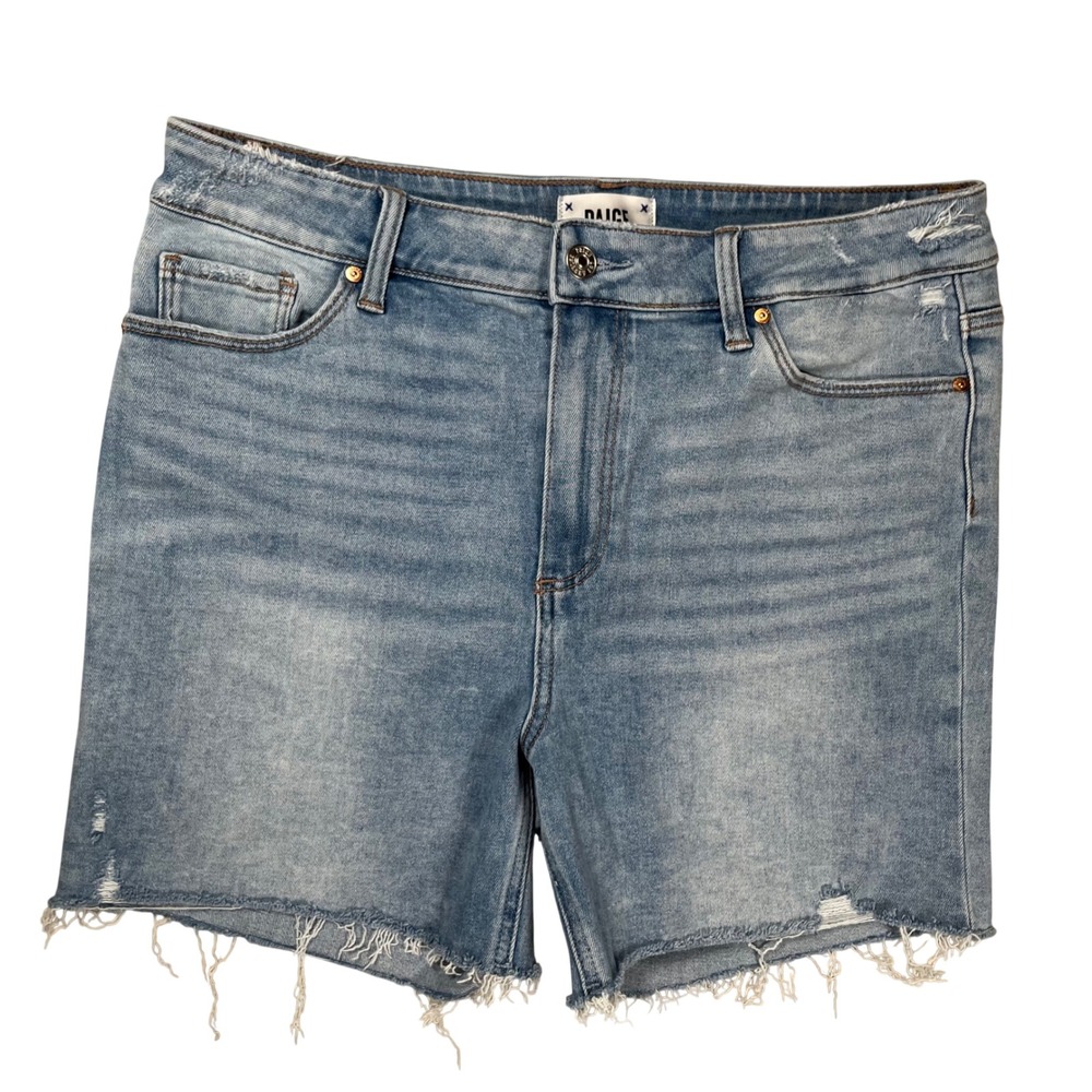 Paige Sarah Longline Shorts Womens 31 Blue Coltraine Distressed Raw Hem Denim